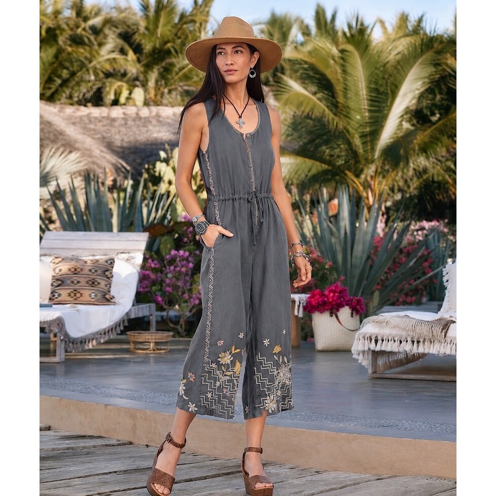 Johnny Was Gray Elia Linen Embroidered Wide Leg Cropped Jumpsuit Size L
